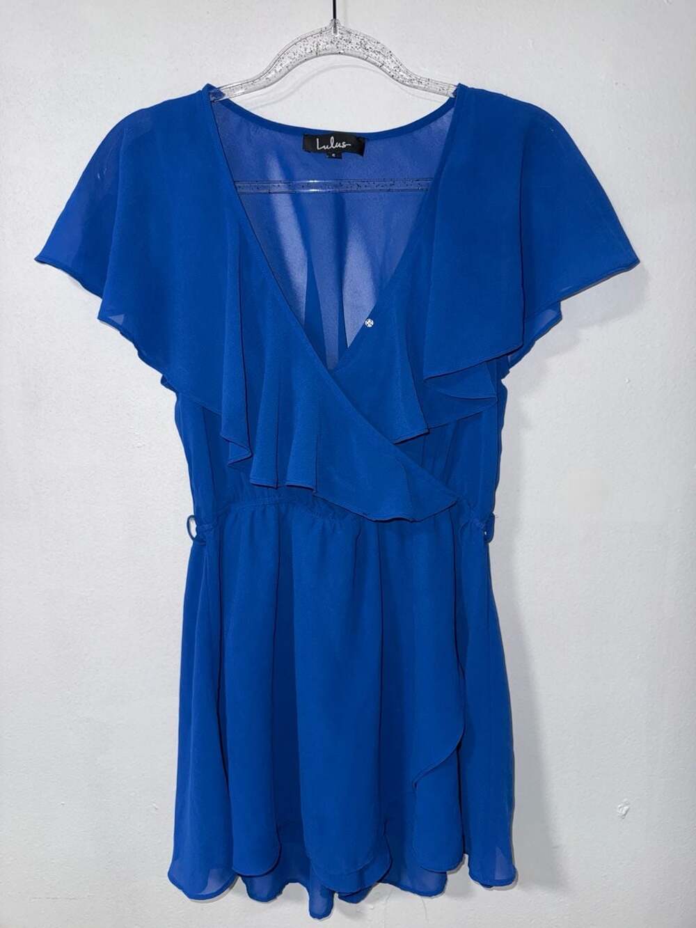 Lulus Royal Blue Flutter Sleeve Wrap Romper Size S